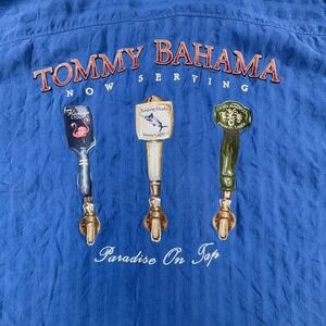 Tommy Bahama Shirt Mens S Blue Excellent Paradise On Tap Silk Embroidered Beer